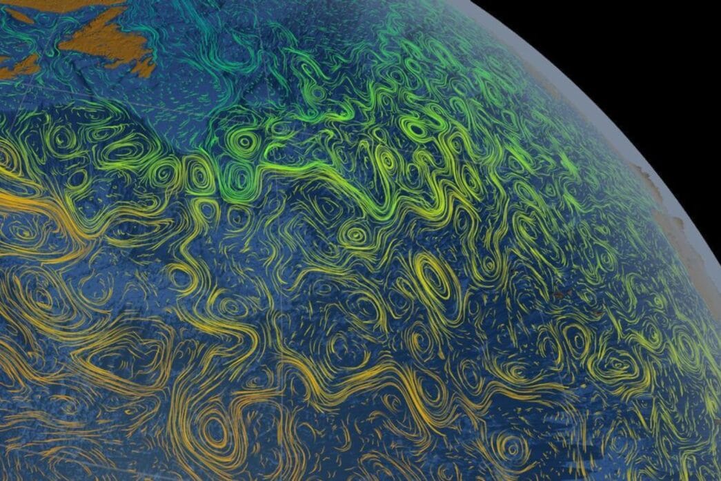 Corrientes oceánicas en el Atlántico norte representadas con colores según la temperatura de la superficie marina