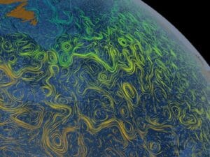 Corrientes oceánicas en el Atlántico norte representadas con colores según la temperatura de la superficie marina