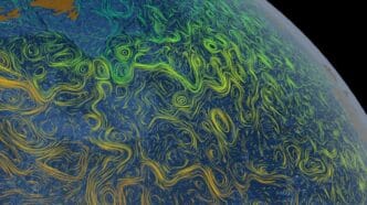 Corrientes oceánicas en el Atlántico norte representadas con colores según la temperatura de la superficie marina