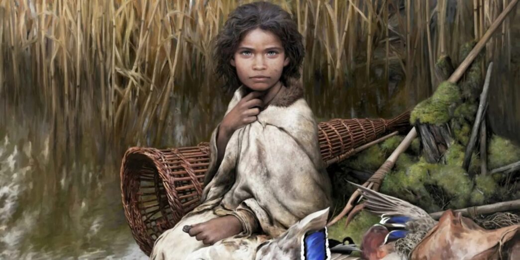 Una representación artística de Lola, una niña de la Edad de Piedra, basada en análisis de ADN. La ilustración, creada por Tom Björklund, se exhibe en el Museo Lolland-Falster