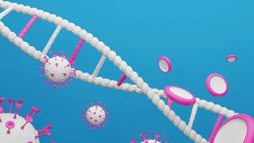 Representación artística de ADN humano con antiguos virus incrustados que actúan como interruptores genéticos