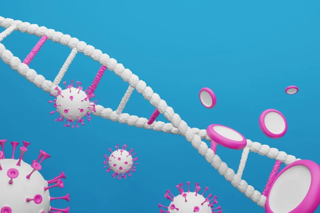 Representación artística de ADN humano con antiguos virus incrustados que actúan como interruptores genéticos