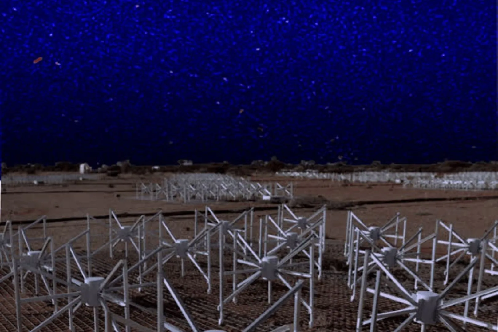 La imagen del cielo en radiofrecuencias, al fondo, representa la señal más pura obtenida hasta ahora a partir de los datos recogidos por el radiotelescopio Murchison Widefield Array, ubicado en el oeste de Australia