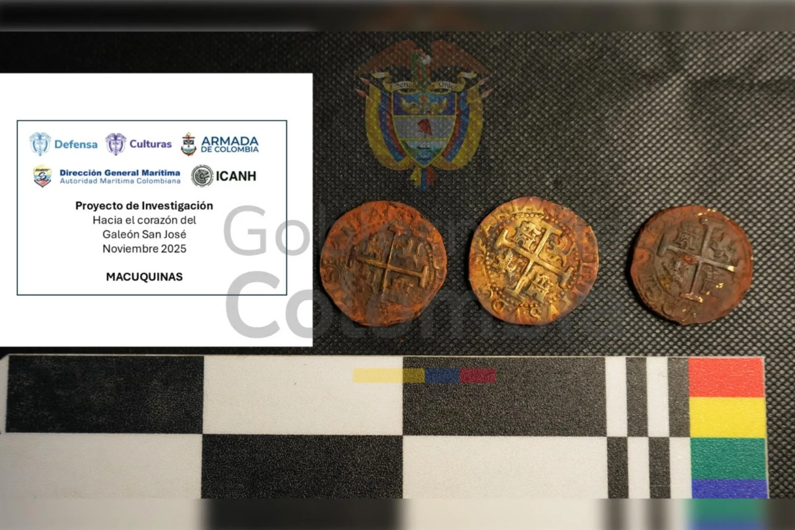Tres monedas de oro rescatadas del galeón San José