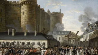 Óleo de autor desconocido que recrea el asalto a la Bastilla y muestra el instante en que el gobernador Bernard de Launay cae en manos de la multitud sublevada