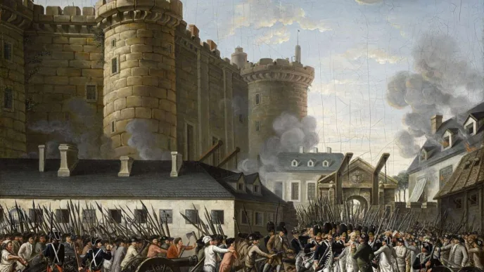 Óleo de autor desconocido que recrea el asalto a la Bastilla y muestra el instante en que el gobernador Bernard de Launay cae en manos de la multitud sublevada