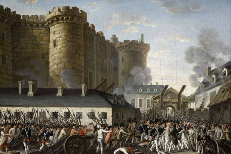 Óleo de autor desconocido que recrea el asalto a la Bastilla y muestra el instante en que el gobernador Bernard de Launay cae en manos de la multitud sublevada